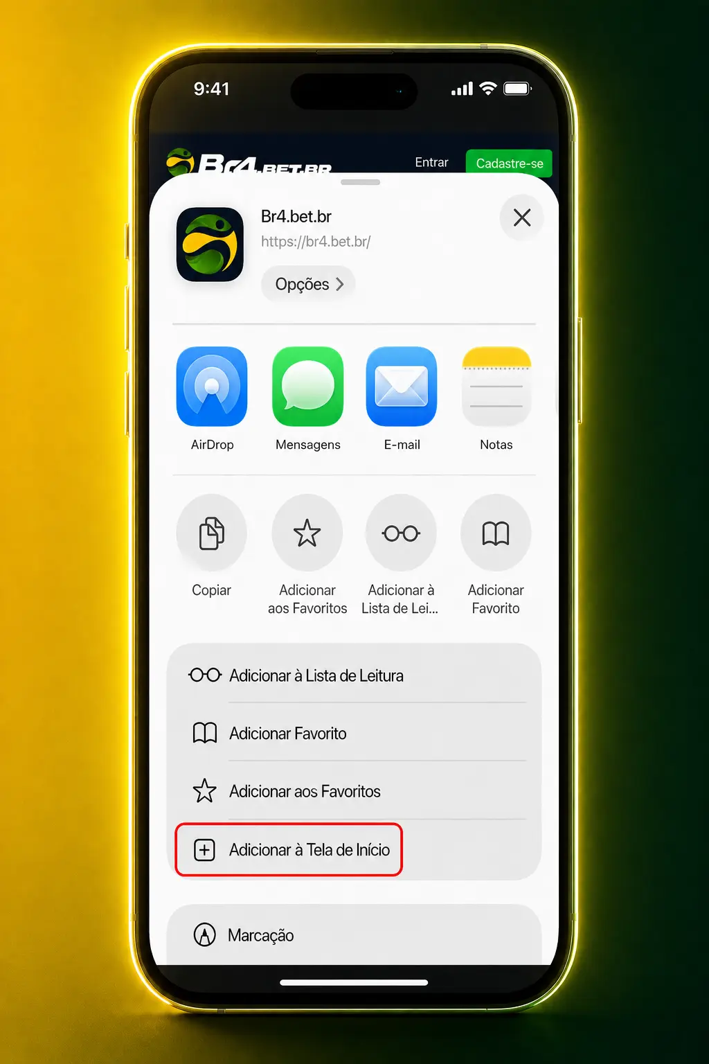 Passo a passo para instalar o app BR4bet em versão PWA pelo Safari e adicionar o ícone à tela inicial do iPhone.