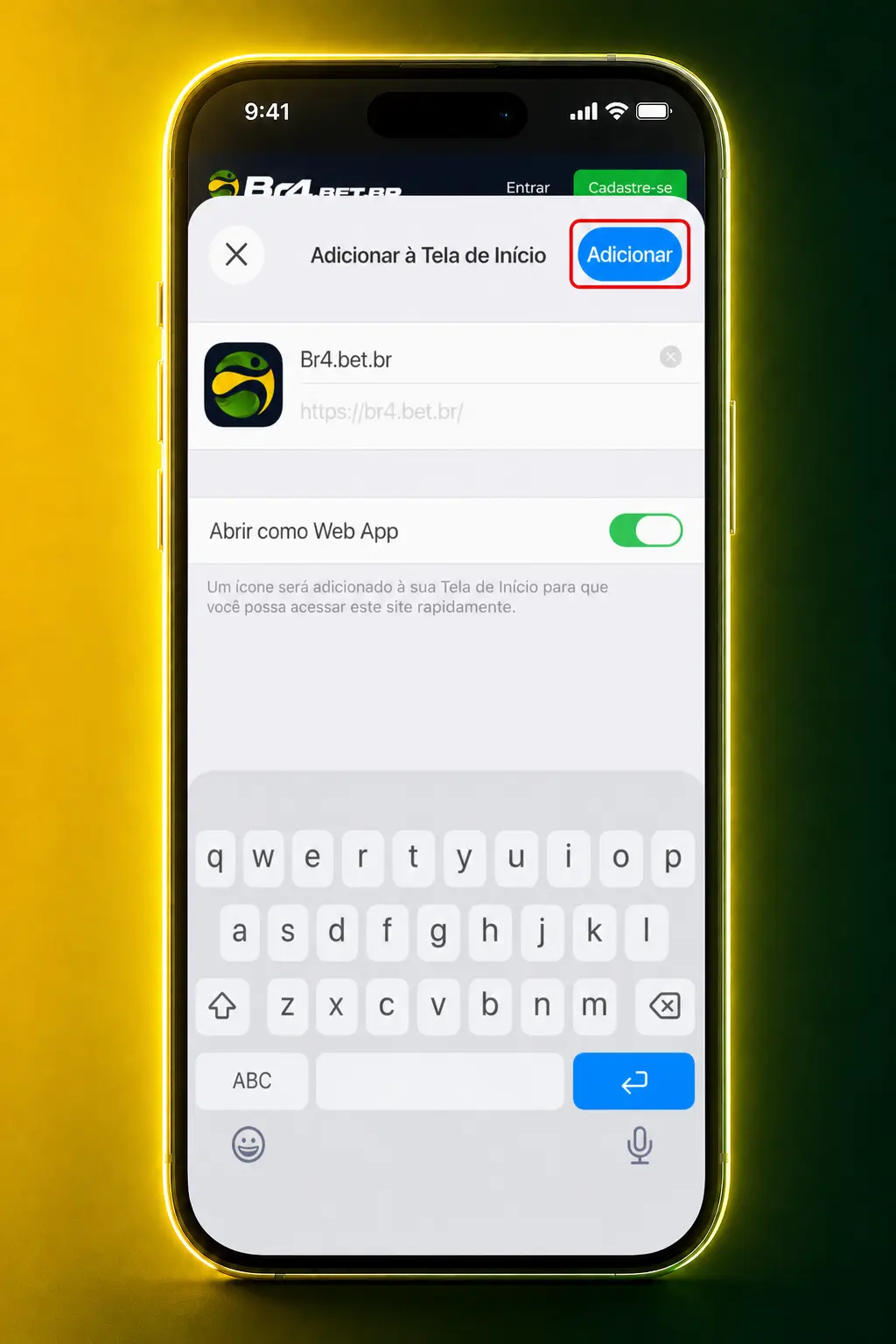 Passo a passo para instalar o app BR4bet em versão PWA pelo Safari no iPhone, direto da tela inicial