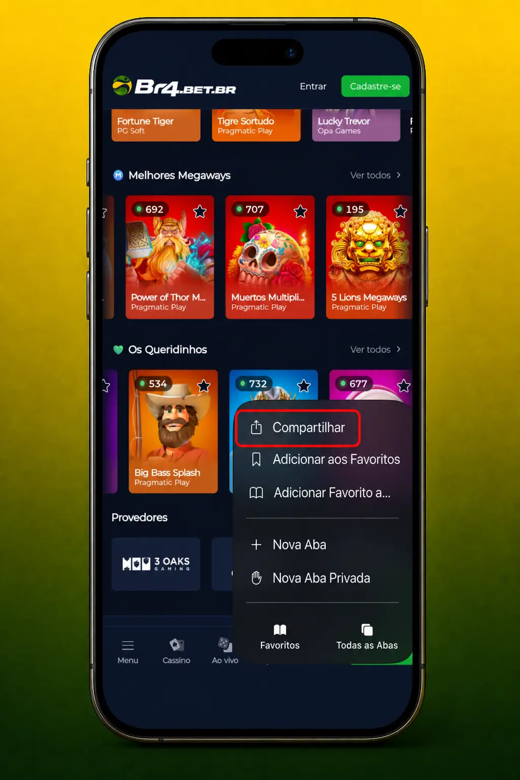 Passo a passo para instalar o app BR4bet PWA no iPhone via Safari, adicionando o ícone à tela de início.