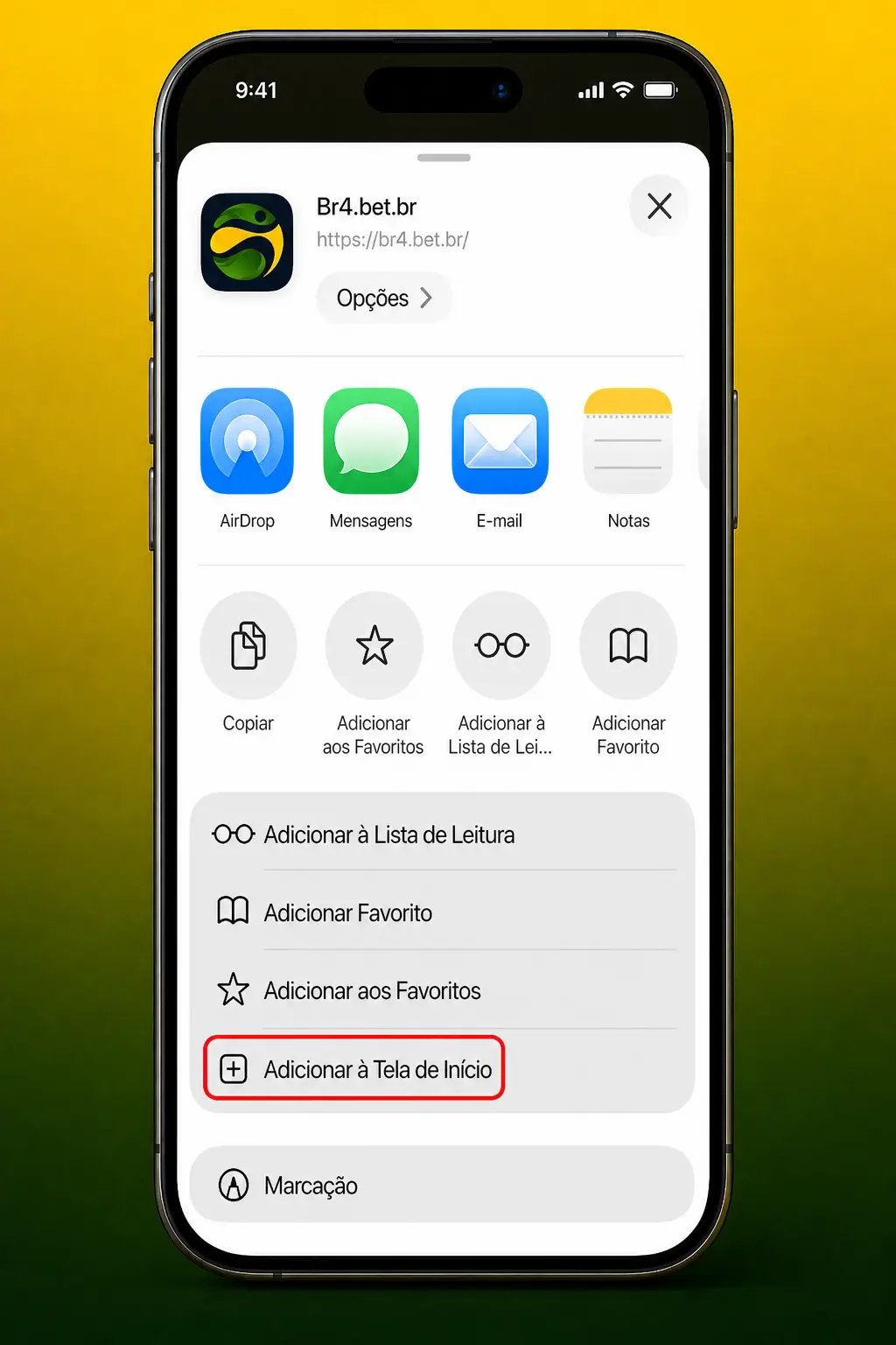 Passo a passo para instalar o aplicativo BR4bet PWA no iPhone pelo Safari, adicionando o ícone à tela de início.
