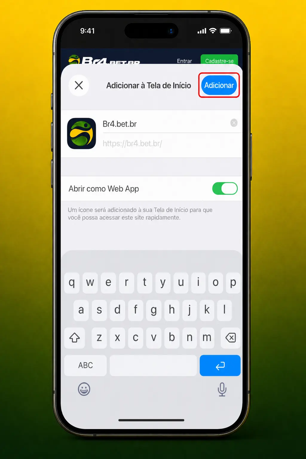 Passo a passo para instalar o app BR4bet PWA no iPhone via Safari, adicionando o ícone à tela de início.