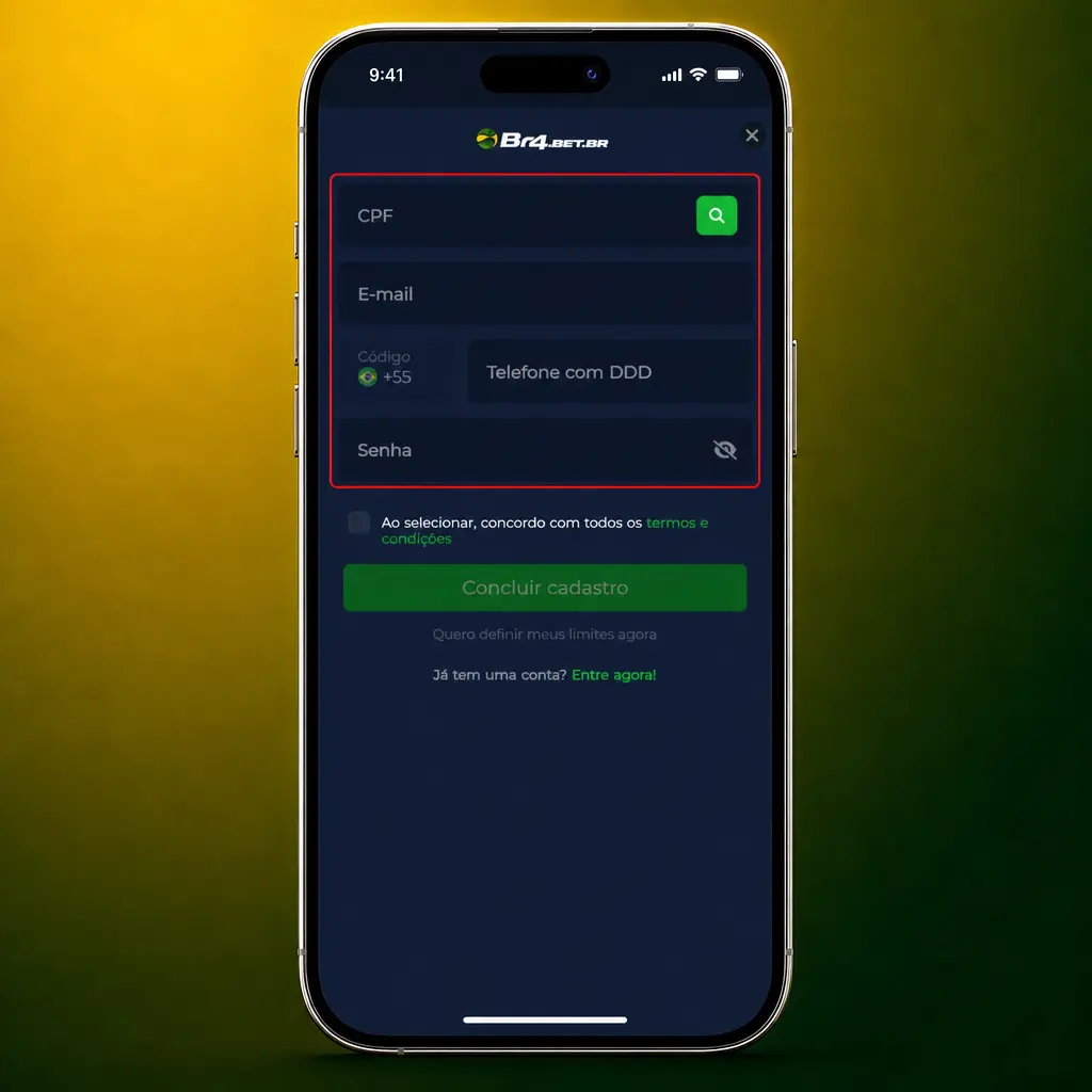 Passo a passo para criar conta no aplicativo BR4bet: preencha dados, crie senha e confirme e-mail ou celular.