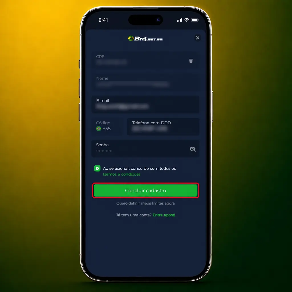 Passo a passo para criar conta no app BR4bet: preencha dados, defina senha e confirme e-mail ou celular.