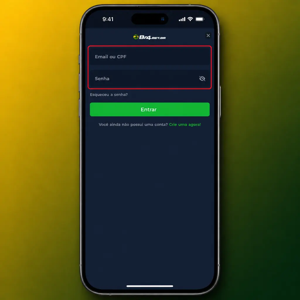 Formulário de login da BR4bet com campos para e-mail, telefone ou CPF e senha, e botão "Entrar".