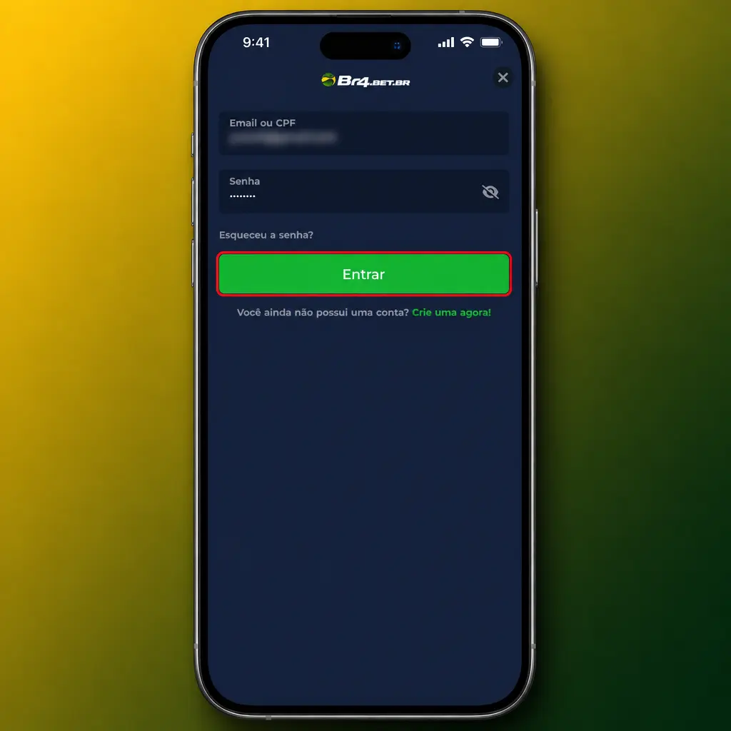 Tela de login da conta BR4bet com campos para e-mail, telefone ou CPF e senha, e botão "Entrar"