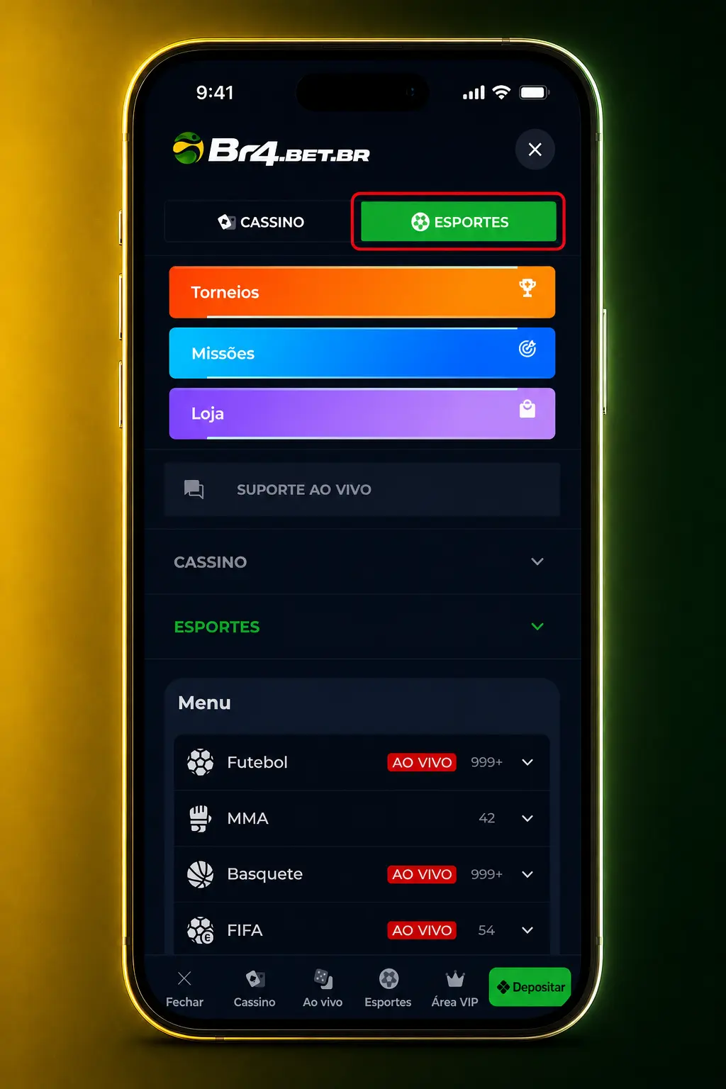 Captura de tela do app BR4bet mostrando o processo de aposta em quatro toques, do evento até a confirmação do bilhete.