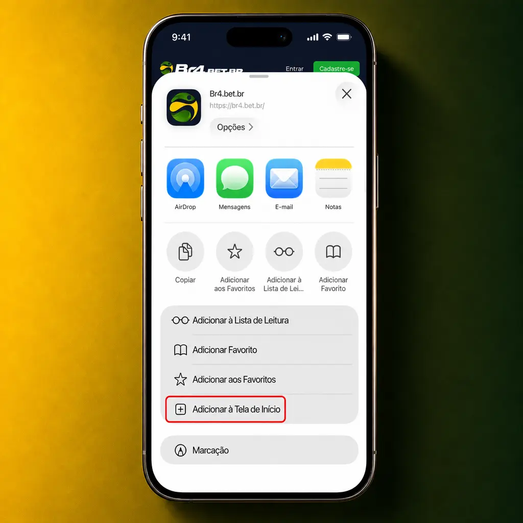Guia passo a passo para instalar o BR4bet no iOS pelo Safari, adicionando à tela de início do iPhone ou iPad.