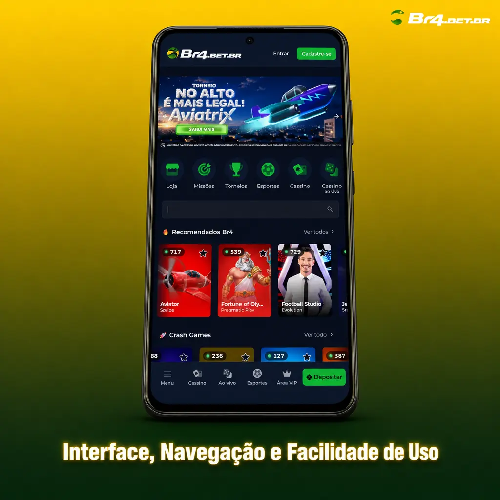 Menu inferior do app BR4bet com atalhos para esportes, cassino, promoções e cupom de apostas fixo na tela.
