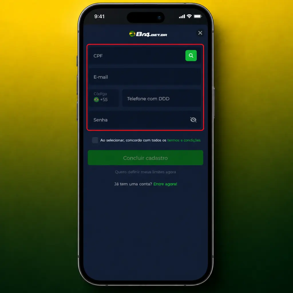 Passo a passo para criar conta BR4bet em 5 etapas: registrar, escolher cadastro, inserir dados, senha e aceitar termos.