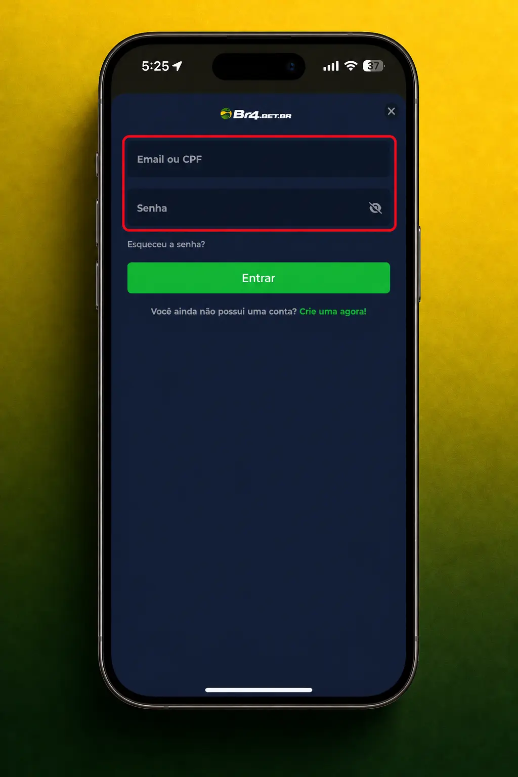 Tela de login do app BR4bet exibida na tela inicial do celular, com campos de usuário e senha.