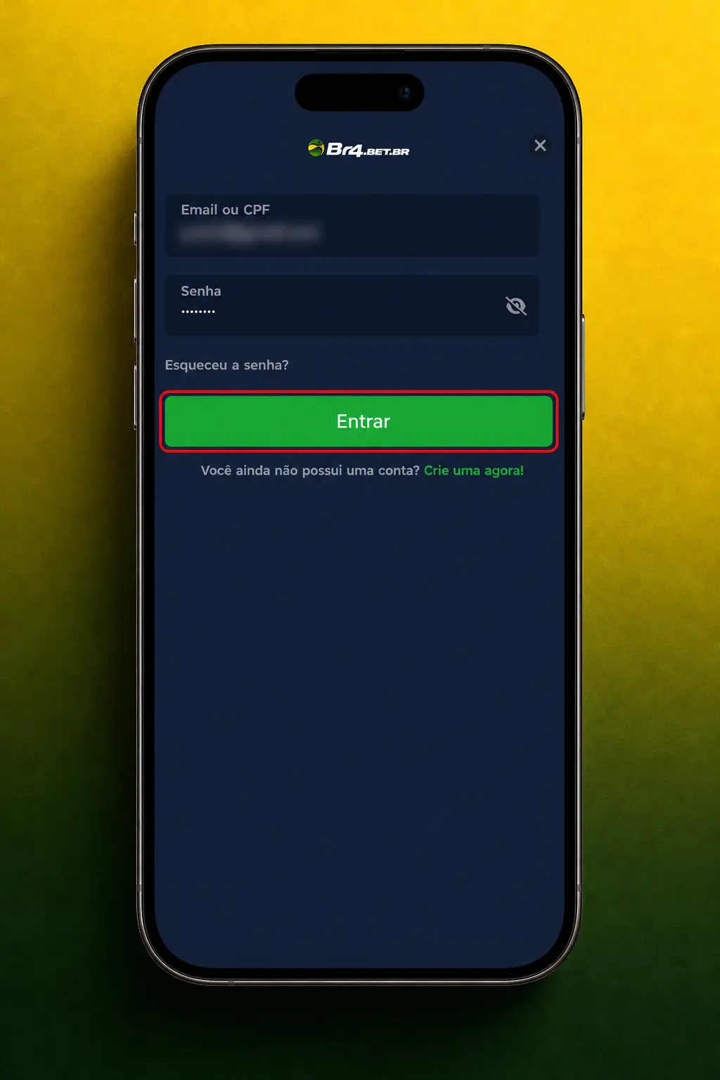 Tela de login do app BR4bet exibida no celular, com acesso rápido pela tela inicial