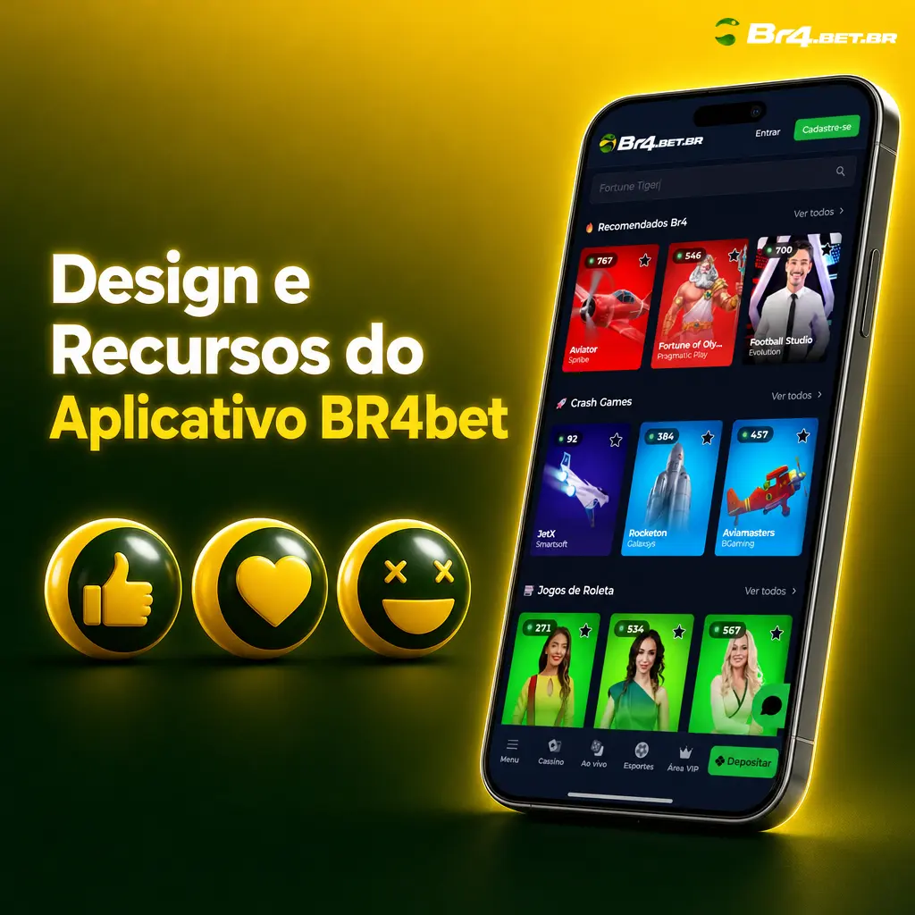Interface do app BR4bet em amarelo e verde-escuro, com apostas ao vivo, cassino e menu de navegação rápida.