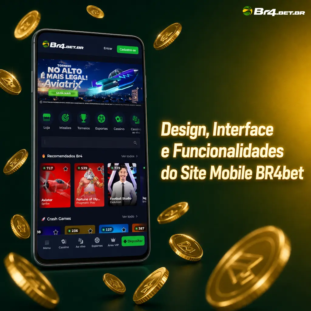 Interface mobile da BR4bet em verde e dourado, com menu hambúrguer, apostas esportivas, cassino e pagamentos via Pix.
