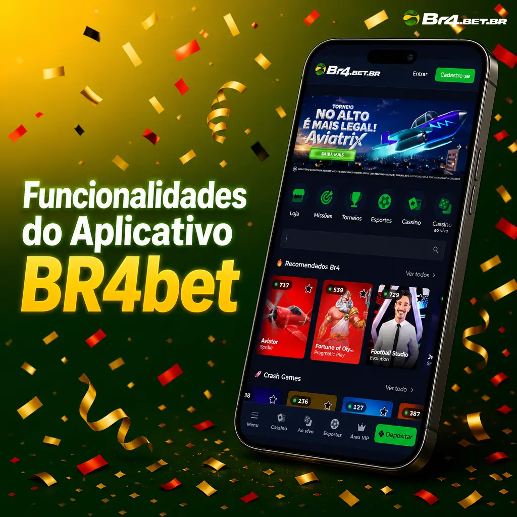 Tela do aplicativo BR4bet mostrando menu de apostas esportivas, cassino ao vivo e carteira digital integrada.