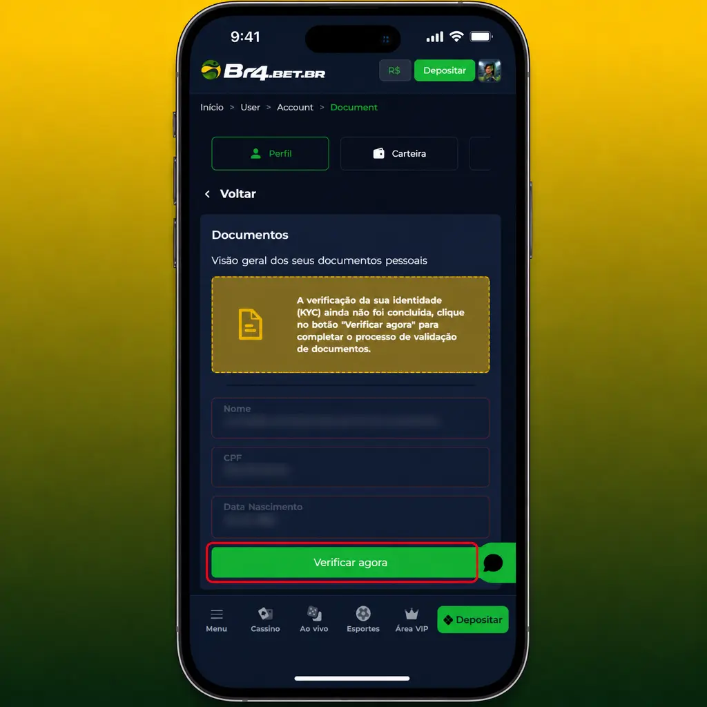Passo a passo para verificar a conta BR4bet: envio de documentos e confirmação pelo site.