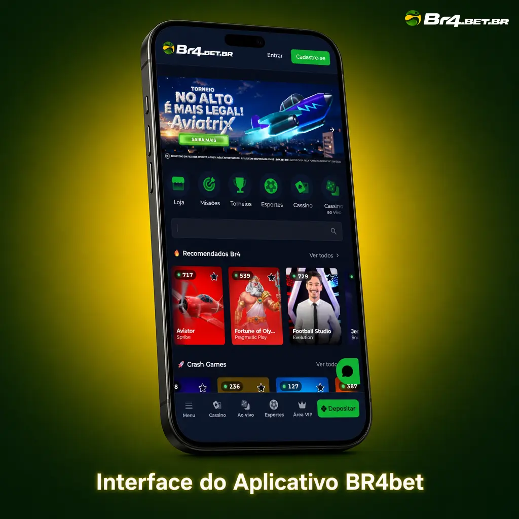 Interface do aplicativo BR4bet com menu inferior fixo em verde e amarelo, destacando esportes, cassino, carteira e perfil