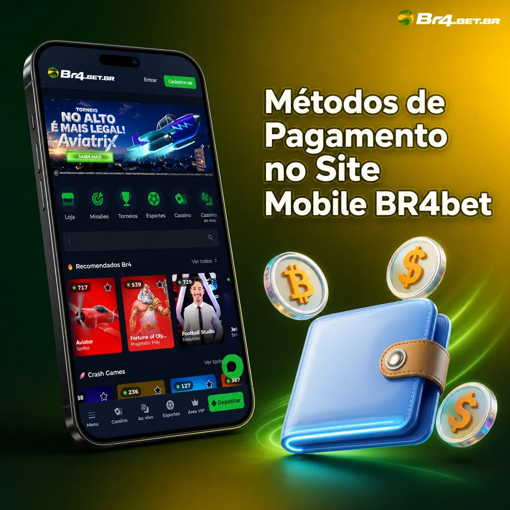 Métodos de pagamento no site mobile BR4bet, com destaque para Pix instantâneo e seguro via criptografia SSL.