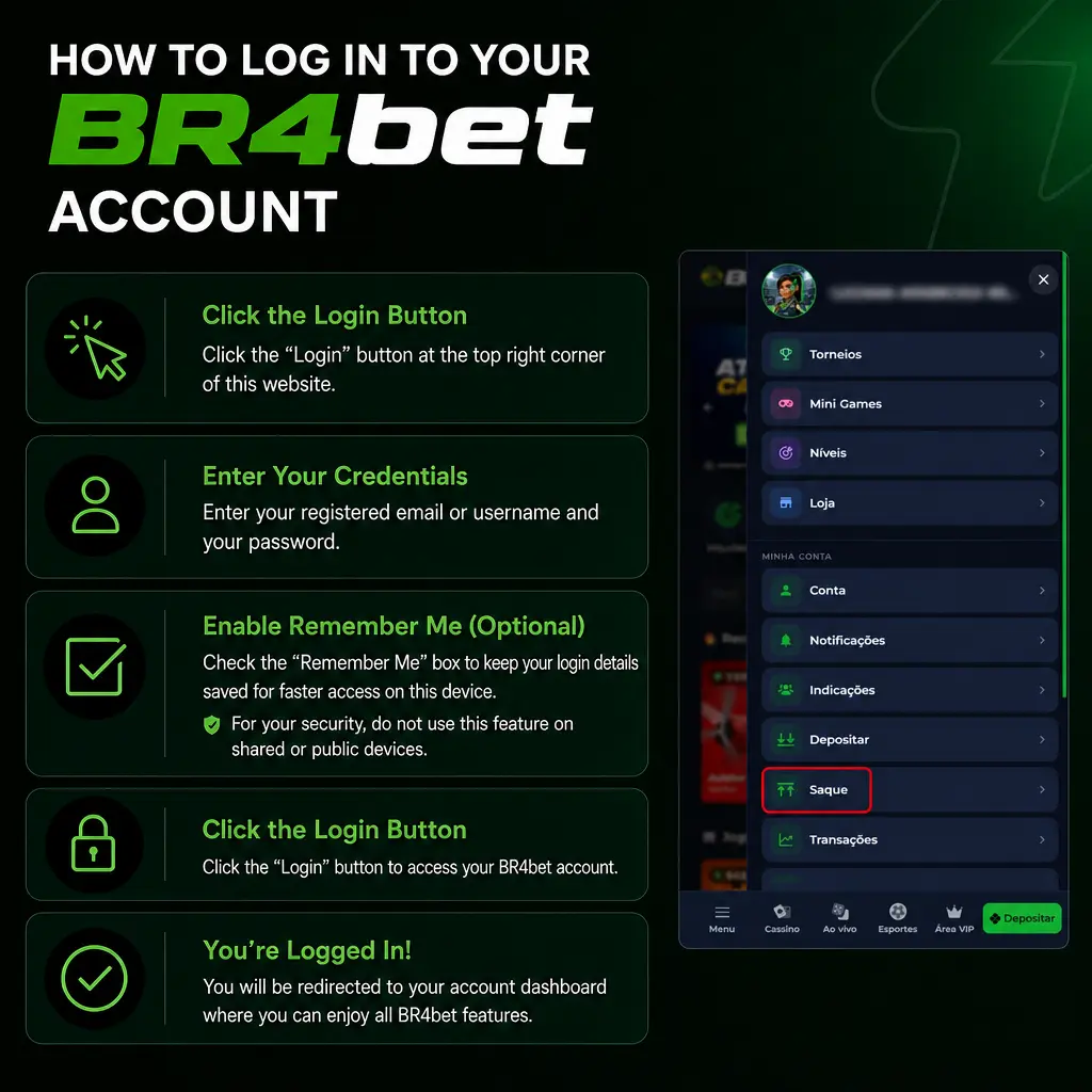 Passo a passo para sacar fundos na BR4bet: acesse a conta, vá em Caixa, escolha Saque e confirme via Pix ou AstroPay.