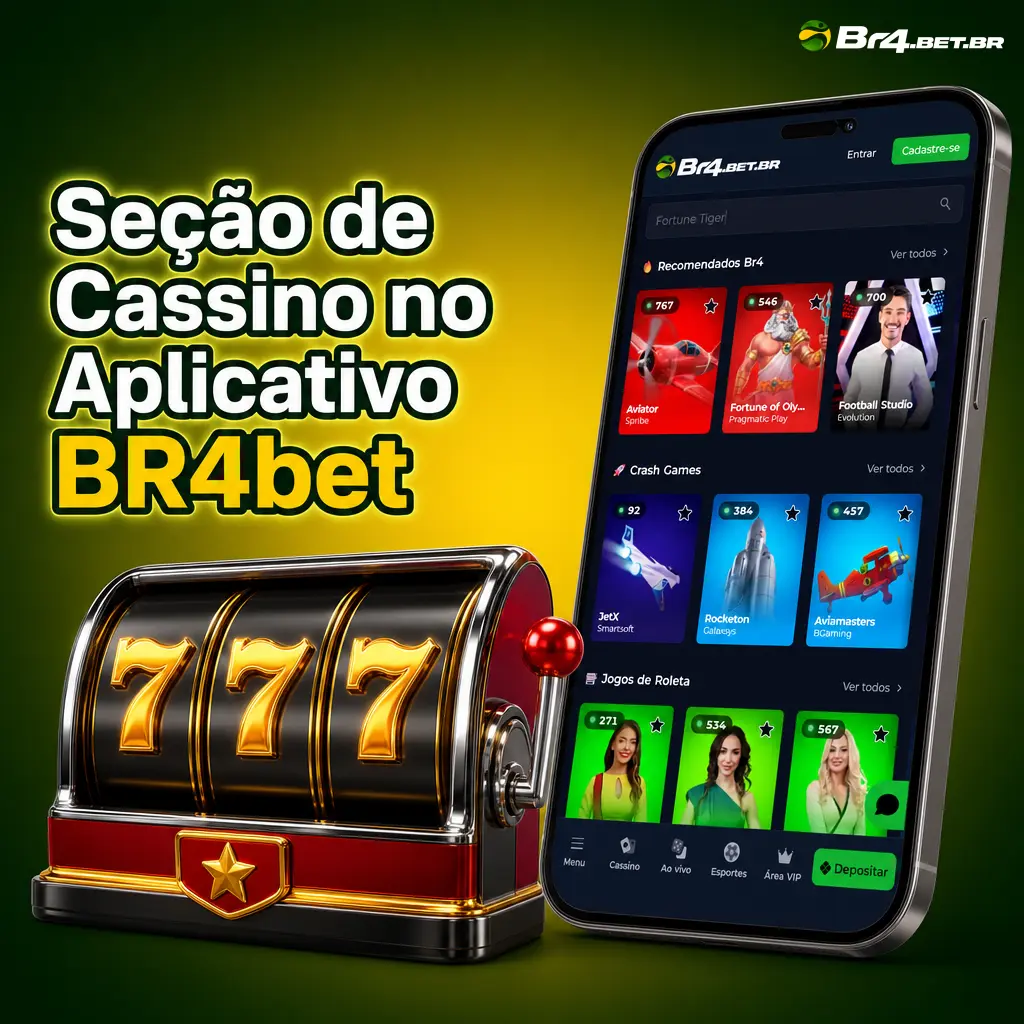 Seção de cassino do aplicativo BR4bet com caça-níqueis, jogos crash, mesas ao vivo e jackpots otimizados para celular.